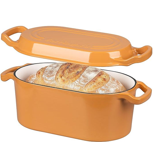 VORRINGARD Oval Dutch Oven Pot with Lid, Enamel Coating Cast Iron Bread Pans for Homemade Sourdough Bread Baking, Cooking, 4 Quart, Yellow