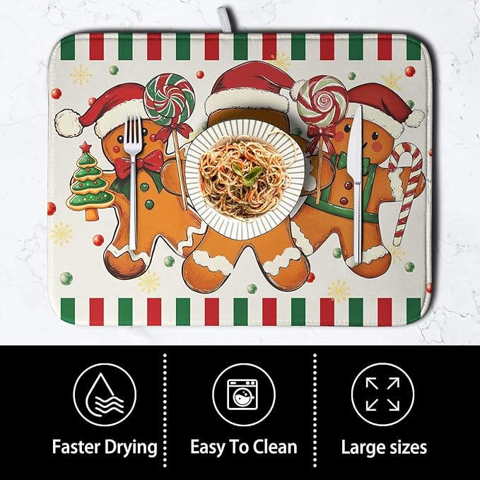 Christmas Dish Drying Mat Gingerbread Man Candy Cane Xmas Tree Drying Mats for Kitchen Counter Winter Holiday Dish Drainer Pad Absorbent Microfiber Dish Draining Mat 18x24 Inch - Image 4