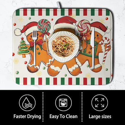 Christmas Dish Drying Mat Gingerbread Man Candy Cane Xmas Tree Drying Mats for Kitchen Counter Winter Holiday Dish Drainer Pad Absorbent Microfiber Dish Draining Mat 18x24 Inch - Image 4