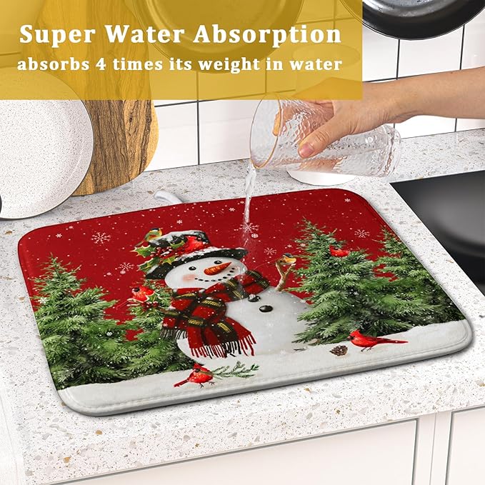 Christmas Dish Drying Mat for Kitchen Counter Snowman Green Christmas Tree Microfiber Absorbent Dish Draining Reusable Washable Foldable 16"x18" - Image 7