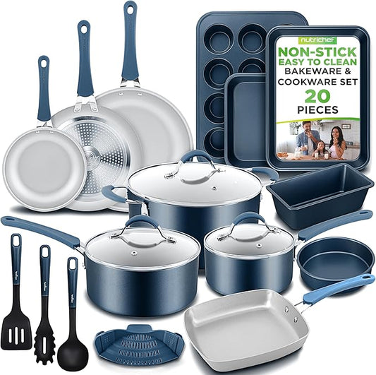 NutriChef Professional 20 Pc Pots and Pans Set Non Stick in Navy Blue - Includes Bakeware & Utensils, Induction Ready, Easy Clean by NutriChef%E2%84%A2Kitchen