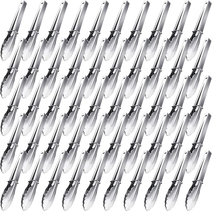 Meanplan 50 Pcs Small Stainless Steel Kitchen Tongs 7 Inch Food Serving Tongs Metal Cooking Clips High Heat Resistant Clips with Sliding Rings for Buffet Food Cooking Salad Grilling, Silver by Meanplan