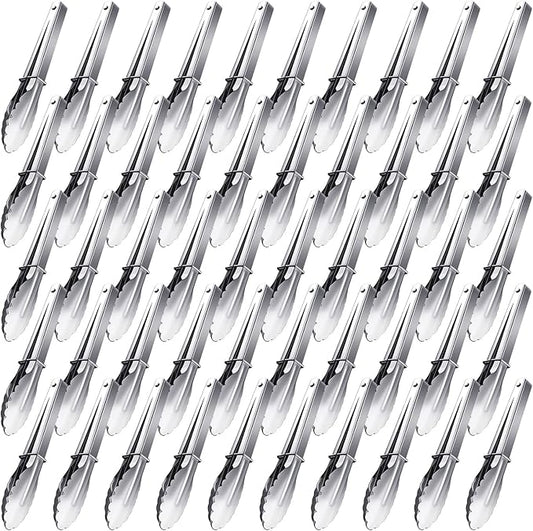 Meanplan 50 Pcs Small Stainless Steel Kitchen Tongs 7 Inch Food Serving Tongs Metal Cooking Clips High Heat Resistant Clips with Sliding Rings for Buffet Food Cooking Salad Grilling, Silver by Meanplan