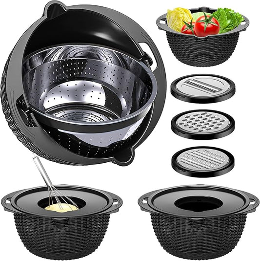 4-1 Colander with Bowl Set - Pasta Strainer - Colander for Kitchen - Strainers and Colanders Rice Strainer Fruit Cleaner Veggie Wash Sink Strainer Kitchen Essentials - Black by Balavina