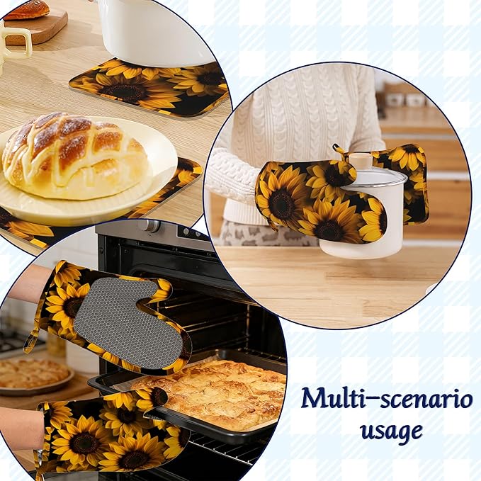 Spring Sunflowers Oven Mitts and Pot Holders Sets of 4 Yellow Flowers Heat Resistant Silicone Oven Mits Gloves Non-Slip Kitchen Mittens Potholders for Cooking Baking Grilling BBQ