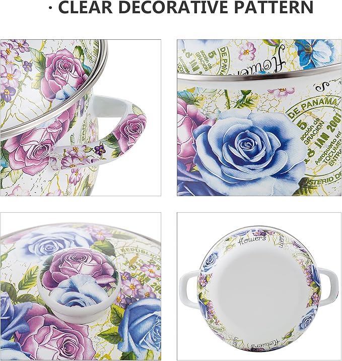 Retro Flower Enamel Stockpot with Lid,Stockpots for Cooking,Retro Classic Design(5L-Blue Rose) - Image 4