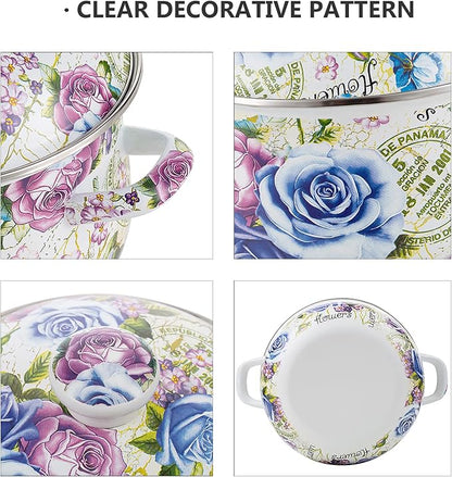 Retro Flower Enamel Stockpot with Lid,Stockpots for Cooking,Retro Classic Design(5L-Blue Rose) - Image 4