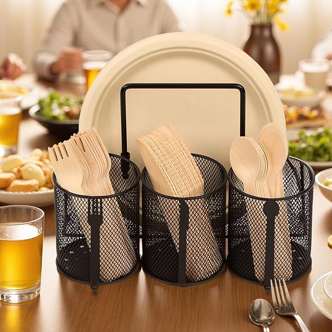 Metal Utensil Caddy Silverware Holder, Paper Plate Holder Cutlery Container,Plate Organizer Flatware Storage Basket Party Camping Picnic Buffet RV BBQ Farmhouse Kitchen Countertop - Image 7