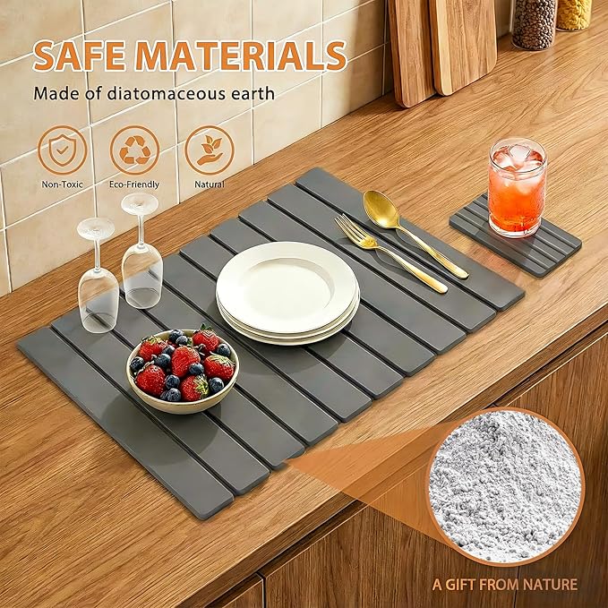 Large Stone Dish Drying Mat for Kitchen Counter, 2 PCS Quick Dry Diatomaceous Earth Dish Mat Set – Foldable Water Absorbing Kitchen Gadgets & Gifts, Home Essentials(Gray Ink 24"×16" & 8"x4") - Image 4
