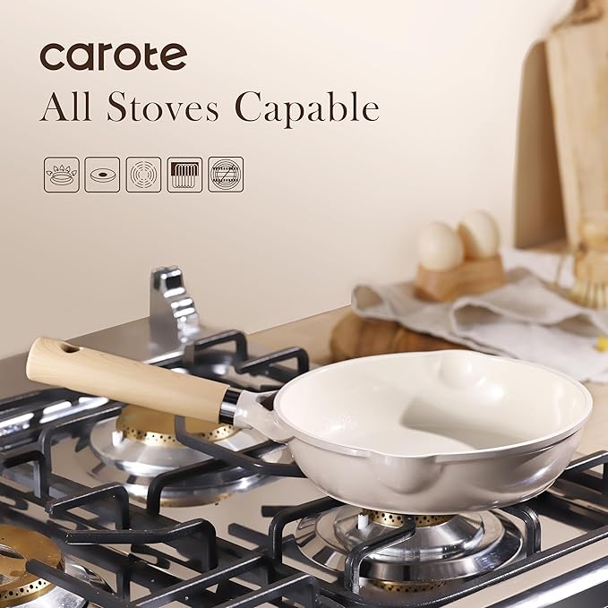 CAROTE 8" Ceramic Frying Pan Skillet, Non Stick Frying Pan Chef's Pan, Healthy & PFOA/PFAS Free, Induction-Compatible, Taupe - Image 4