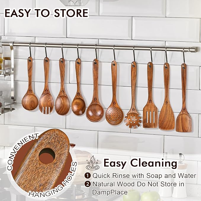 Wooden Spoons for Cooking, 10 Pcs Natural Teak Wood Kitchen Utensils Set, Comfortable Grip Wooden Utensil Set for Nonstick Pans & Cookware, Heat Resistant Wooden Spoons Wooden Spatulas Set - Image 8