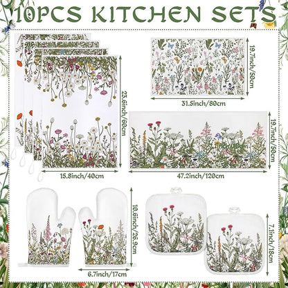 Fanfanwin 10 Pcs Wildflower Kitchen Decor Set Floral Kitchen Towels and Rugs Pot Holders Oven Mitts Spring Dishcloths Fast Drying Decorative Set for Baking Cooking Gift