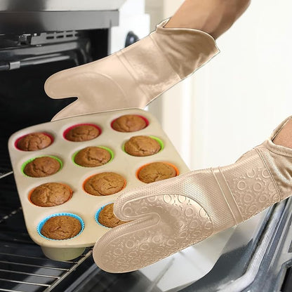 BPA-Free Silicone Oven Mitts Ultra Heat Resistant up to 500°F - Oven Mitts with Thick Cotton Liner - Long Slip Resistant Pot Holders, Flexible Oven Gloves - Beige 14.7 - Image 8