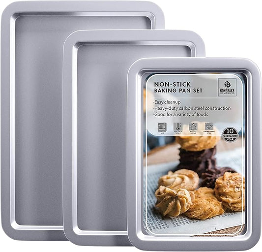 HONGBAKE Cookie Sheet, Baking Sheet Set, Nonstick Oven Pan with Wider Grips,3 Pack, Avoid Too Much Browning -Noble Silver by HONGBAKE