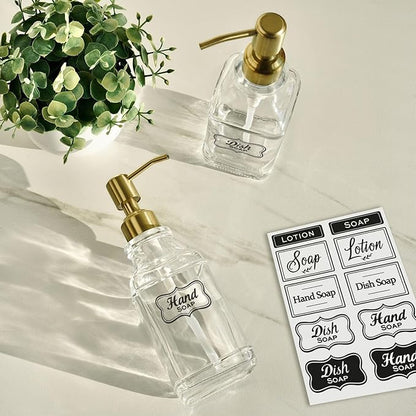 JASAI Antique Square Glass Soap Dispenser with Golden Rust Proof Pump, Refillable soap Dispenser with 10Pcs Stickers for Kitchen, Dish Soap Dispenser for Kitchen Bathroom Soap, Hand soap, Lotion. - Image 6