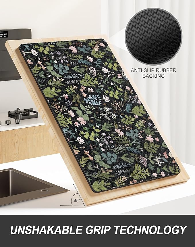 Rnivvi Dish Drying Mat for Kitchen Counter, 12 x 19" Cute Flower Theme Super Absorbent Draining Pad, Non-Slip Heat Resistant Coffee Bar Mat for Coffee Machine Station Accessories, Black Dish Rack Pad - Image 5