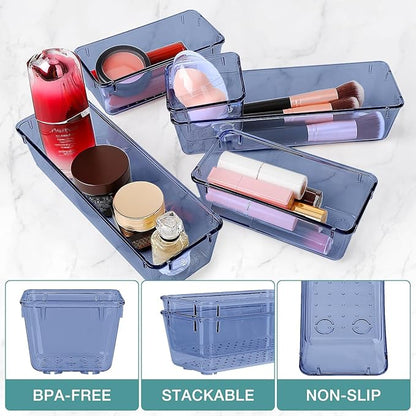StorMiracle 13 PCS Drawer Organizer Set, 5 Varied Size Bathroom and kitchen Drawer cabinet organizer Trays, Clear Storage Bins for Makeup, Jewelry, Utensils and Gadgets, Dark Blue - Image 3