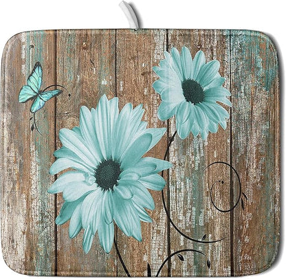 Giwawa Rustic Daisy Dish Drying Mat for Kitchen Countertop 16x18 inch Fall Teal Sunflowers on Wooden Board Dish Drainer Mats Fast Drying Country Vintage Shabby Chic Flower Dish Drying Pad Cabin Decor
