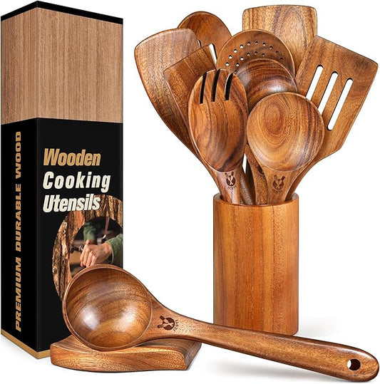 12 Pcs Teak Wooden Utensil Set with Holder & Spoon Rest, Wooden Spoons for Cooking with Comfort Grip, Wooden Cooking Utensils Set for Nonstick Cookware, Lightweight & Heat Resistant Kitchen Utensils by Unknown