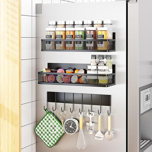 Aufworld Magnetic Spice Rack for Refrigerator, 3 Pack Magnetic Shelf, Moveable Fridge Organizer with 8-Hook Rack, Seasoning Organizer for Kitchen by Unknown