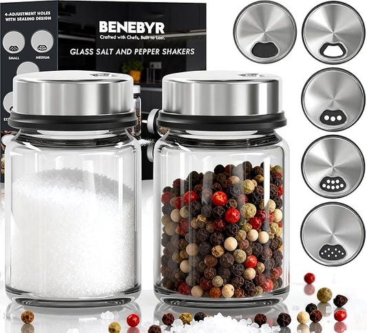 Shatterproof Glass Salt and Pepper Shakers Set Leak & Moisture Proof - 4 Adjustable Holes Precision Control - 5oz Borosilicate Glass Sugar & Spice Jars with Stainless Lid, Wide-Mouth, Dishwasher Safe