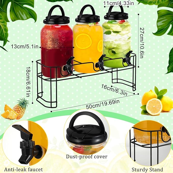 Tanlade 3 Pcs Plastic Drink Dispenser with Stand Beverage Dispenser with Sturdy Metal Base Juice Dispensers for Parties Lemonade Jar Spigot for Weddings Countertop, Each 1 Gallon(Black)