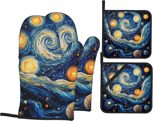 Abstract Starsky Oven Mitts & Potholder Set of 4 - Heat Resistant Kitchen Gloves Hot Pads for Baking, Cooking, Gifts for Women