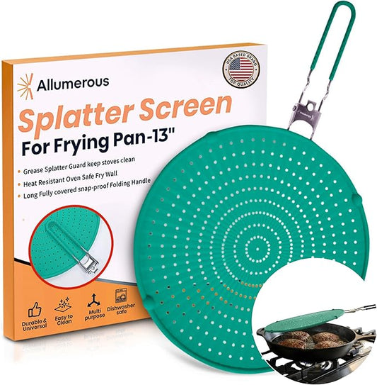 Silicone Splatter Screen for Frying Pan, 13” Green – Grease & Oil Splatter Guard, Heat Resistant, Dishwasher Safe, Foldable Handle with Sleeves – Splash Guard Fits 10–12” Pans, Most 13” Skillets by Allumerous