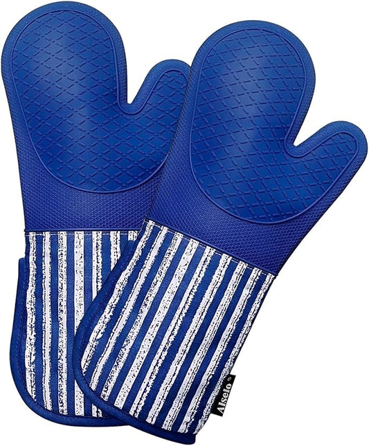 Alselo Silicone Oven Mitts Heat Resistant 932℉ with Waterproof & Non-Slip Kitchen Mittens, Set of 2 Extra Long Oven Gloves with Soft Cotton Terry Lining for Baking Cooking Barbecue (Cobait Blue, 2) by Alselo-Enjoyahealthylife