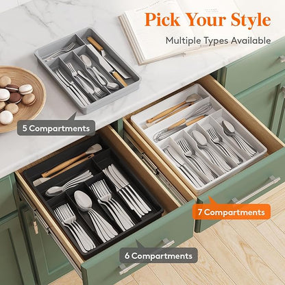Lifewit Silverware Drawer Organizer Tray, Plastic Cutlery Storage for Kitchen, Flatware and Utensil Holder Divider for Spoons Forks Knives Tableware, 12.3 x 16", 7 Slots, Black - Image 9