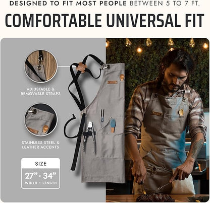 Asaya Chef and BBQ Apron with Bottle Opener and Hand Towel - 10oz Cotton Canvas, Stainless Steel Hardware - Cross Back Straps - Image 5