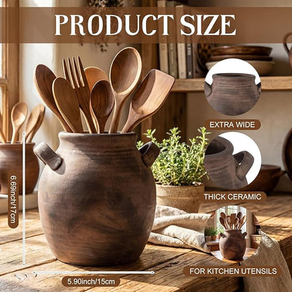 Havawish Rustic Kitchen Utensil Holder for Countertop - Farmhouse Ceramic Utensil Crock with Handle for Spatulas Vintage Kitchen Utensils Holder Cooking Organizer, Fit Ladle, Eggbeater(Dark Brown)