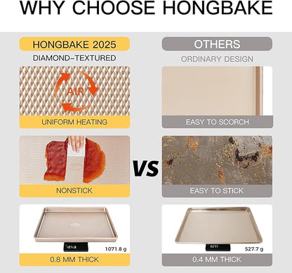 HONGBAKE Baking Sheet Pan Set of 3, Cookie Sheets for Oven, Nonstick Half/Quarter/Jelly Roll Pans with Diamond Texture Pattern, 0.8mm Thick Heavy Duty Cookie Tray, Champagne Gold - Image 5