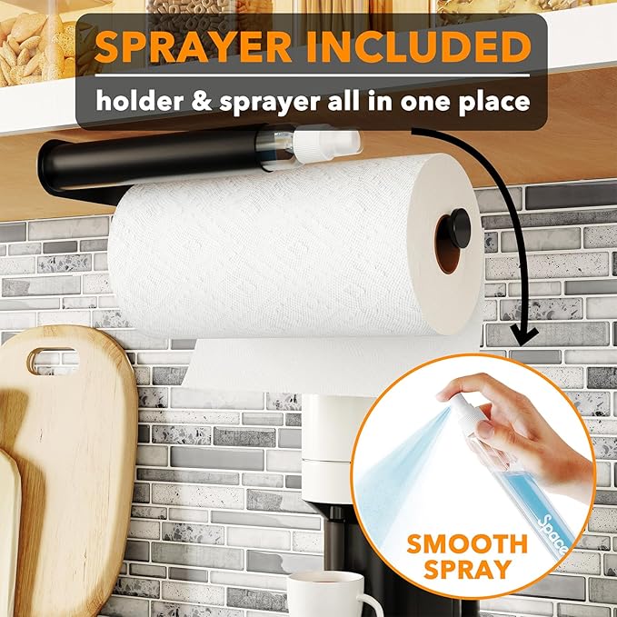 SpaceAid SprayNeat 2 in 1 Paper Towel Holder with Spray Bottle, Under Cabinet Paper Towels Holders with Sprayer Inside, Hanging Wall Mount Papertowels Roller for Kitchen (Black)