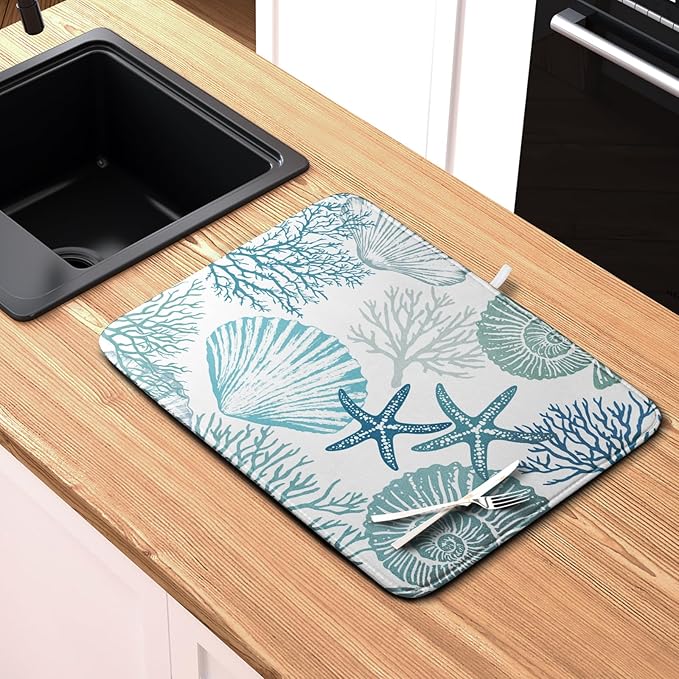 Summer Teal Dish Drying Mat for Kitchen Counter Nautical Coastal Blue Dishes Drainer Mats Turquoise Beach Coral Seashell Starfish Ocean Absorbent Microfiber Dish Draining Pad 18x24 Inch - Image 6