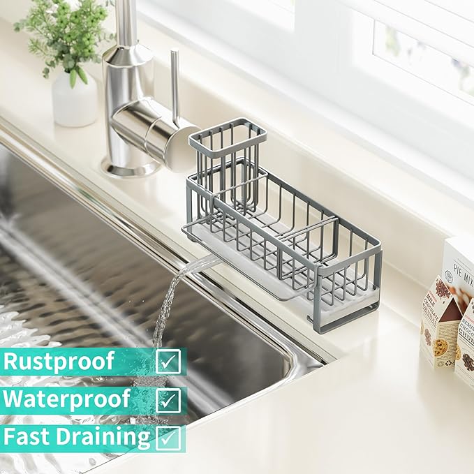 HapiRm Sponge Holder for Kitchen Sink - Self-draining Sink Caddy with Brush and Dishcloth Holders, Stainless Steel Kitchen Organizer for Countertop - Grey - Image 5
