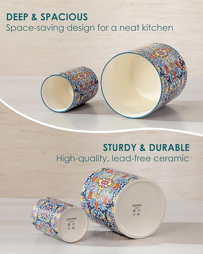 vancasso SIMI Utensil Holder, 7.3"+5.5" Porcelain Kitchen Utensil Holder for Countertop, Bohemian Kitchen Utensil Organizer for Spatulas, Spoons, Decorative Counter Utensil Crock, Twilight Bloom