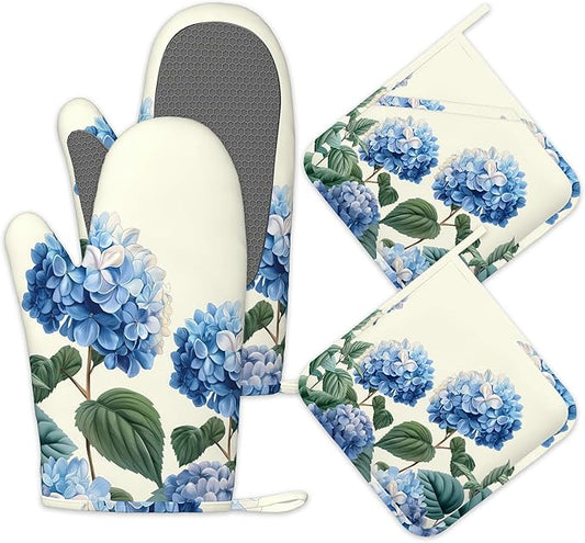 Blue Hydrangea Flower Spring Oven Mitts and Pot Holders Set of 4,Heat Resistant Non Slip Kitchen Gloves Hot Pads,Chef Cooking Baking Gifts for Women Bakers,Kitchen Cooking Lover Cooks