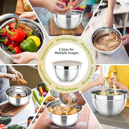 P&P CHEF Khaki Mixing Bowls with Lids, Set of 3, Stainless Steel Salad Nesting Bowl for Mixing, Storing, Prepping, Airtight & Stackable, Size 4.6/3 /1.5 QT - Image 5