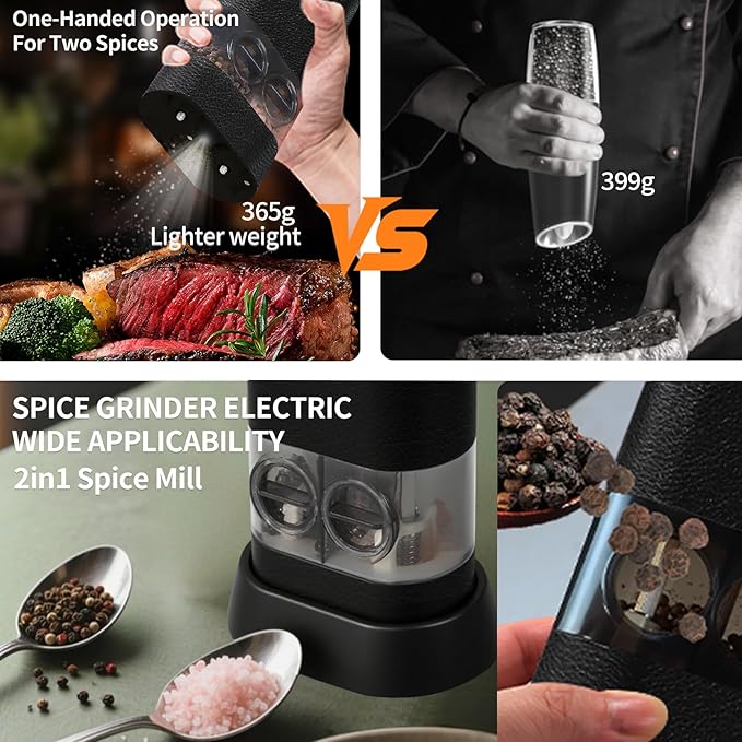 Dual Chamber Electric Pepper and Salt Grinder,Rechargeable Salt and Pepper Grinder Set USB-C,One-Handed Automatic Spice Mill Grinds Two Spice,Large Refillable,Ceramic Adjustable Coarseness for Kitchen