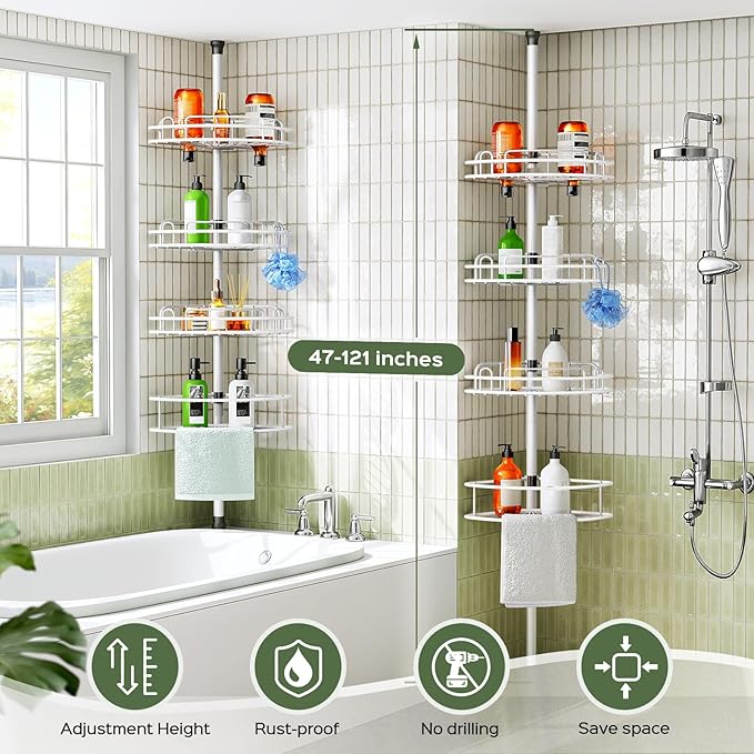 HAMITOR Corner Shower Caddy Tension Pole: Rustproof Bathroom Organizer Shelves for Bathtub Shampoo Accessories Storage Holder - 47-121 Inch Adjust - White - Image 7