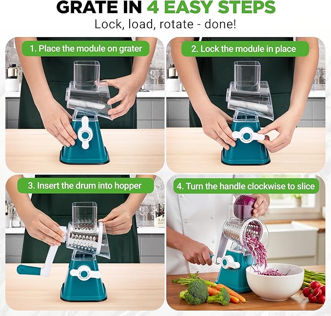 NutriChef 3 in 1 Cheese Grater & Shredder | Strong Suction Base, Rotary Handle with Safety Lock | Includes Hand Crank & 3 Drum Blades for 3 Textures, Fine, Medium & Strips | Green - Image 2