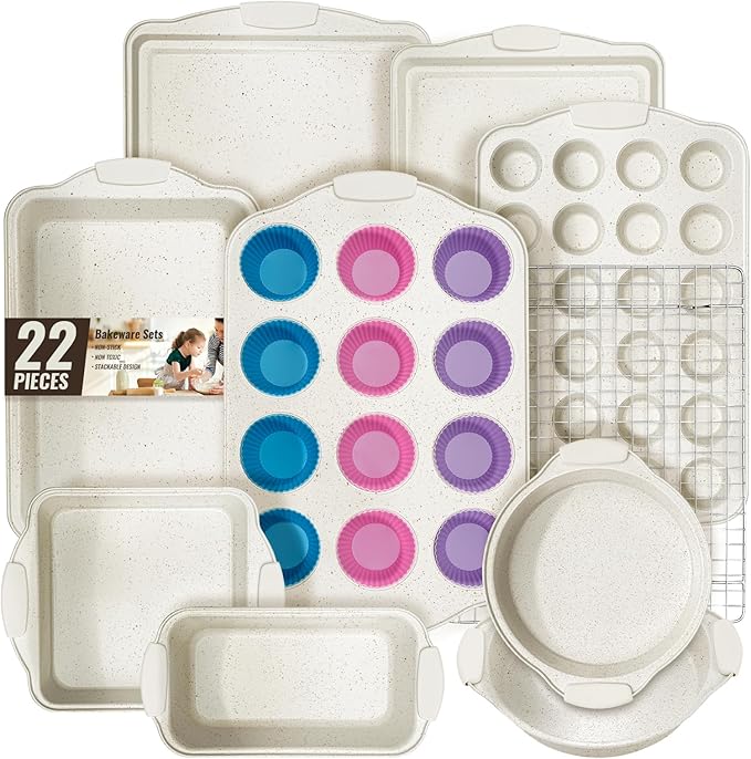 Baking Pans Set Nonstick, Stackable Bakeware Sets with Silicone Handles, AIVIKI 22 Pieces Oven Pan for Cooking Including Baking Cookie Sheet with Rack, Roast Pan, Cake Pan, Loaf Pan, Muffin Pan, Cream by AIVIKI