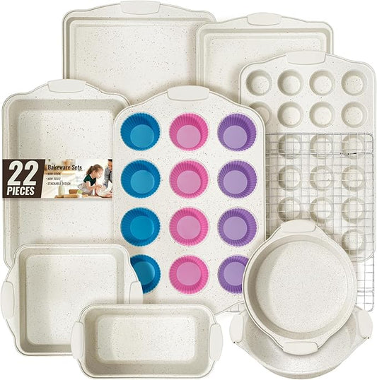 Baking Pans Set Nonstick, Stackable Bakeware Sets with Silicone Handles, AIVIKI 22 Pieces Oven Pan for Cooking Including Baking Cookie Sheet with Rack, Roast Pan, Cake Pan, Loaf Pan, Muffin Pan, Cream by AIVIKI