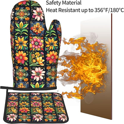 Mexican Oven Mitts and Pot Holders - Colorful Flowers Kitchen Mitt Sets of 2 Boho Oven Gloves Hot Pads for Cooking Baking Grilling - Image 5