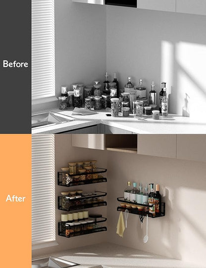 Spice Rack Wall Mount with Hooks - Spice Racks Organizer for Cabinet Storage, Wall Mounted Hanging Shelf Seasoning Organizer, for Kitchen, Pantry Door, Bathroom (Black, 2 Pack)