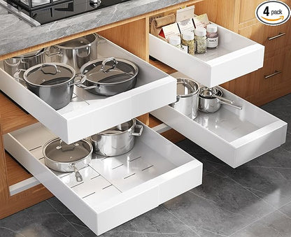 Seinloes 4 Pack Expandable (9"-14") Pull Out Cabinet Organizer 21" Deep With Raising Pad for Framed Cabinets,Upgrade 3 Slide Rails Slide Out Drawers,No Drill Roll Out Shelves Adhesive,White by Seinloes