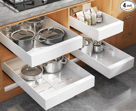 Seinloes 4 Pack Expandable (9"-14") Pull Out Cabinet Organizer 21" Deep With Raising Pad for Framed Cabinets,Upgrade 3 Slide Rails Slide Out Drawers,No Drill Roll Out Shelves Adhesive,White by Seinloes