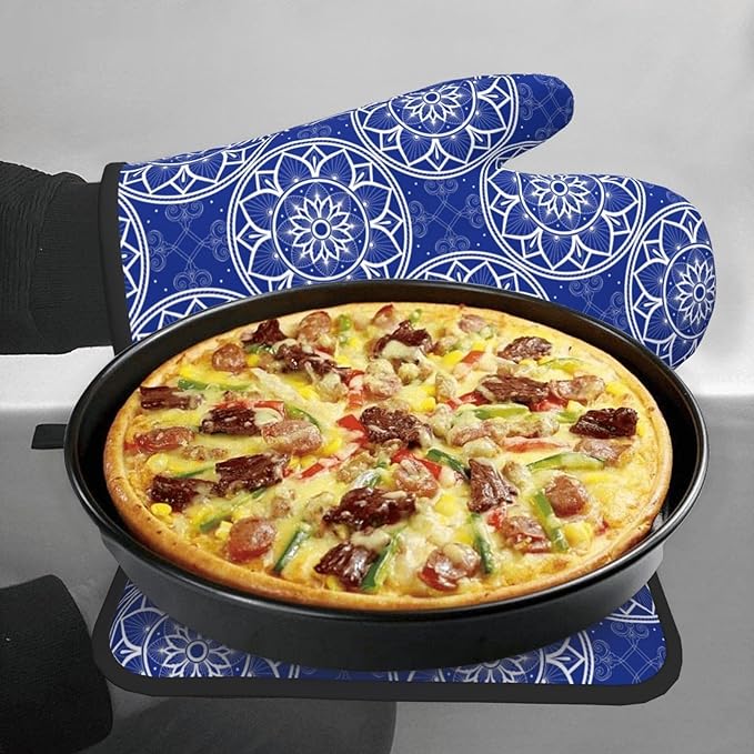 Chinoiserie Blue and White Floral Oven Mitts and Pot Holders Sets of 3, Heat Resistant Non-Slip Boho Kitchen Gloves for Baking Cooking Grilling, Navy Blue Hot Pads for Kitchen Decor, Gifts for Women - Image 4