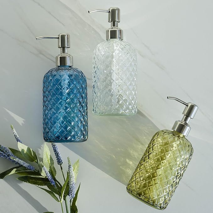 JASAI 18Oz Gem Patterned Glass Soap Dispenser for Kitchen and Bathroom, Refillable with Rust Proof Stainless Steel Pump (Blue) - Image 7